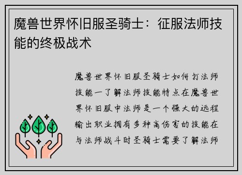 魔兽世界怀旧服圣骑士：征服法师技能的终极战术